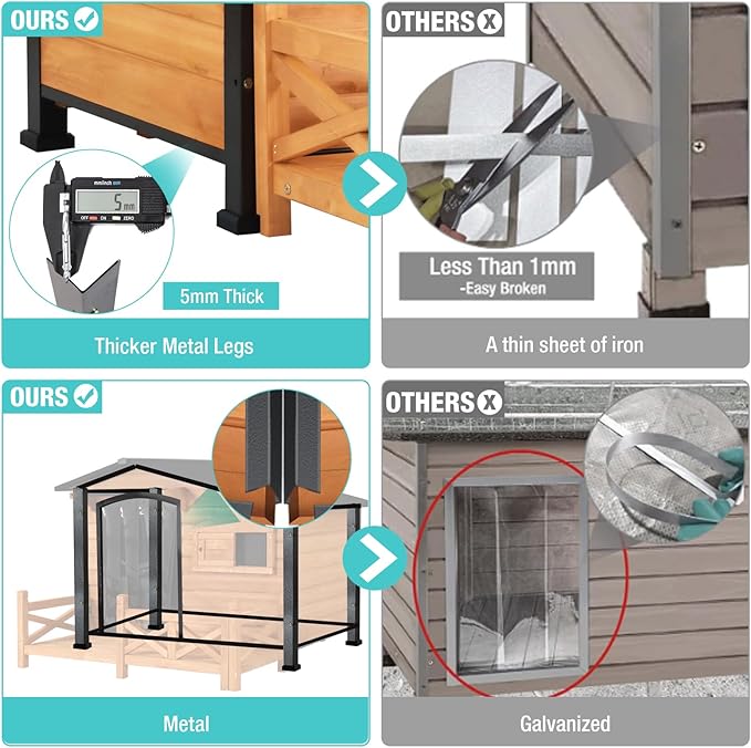 Dog House for Outdoor Use with Matel Frame, Waterproof Design- All-Weather Wooden Kennel with Sliding Window & Metal Frame (Wood, L)