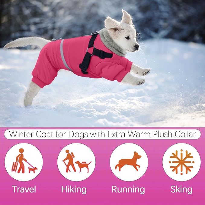 BRKURLEG Dog Winter Coat with Harness Built in, Winter Dog Jacket for Small and Medium Dogs, Small Dogs Snowsuit Reflective Windproof Cold Weather Coat, Puppy Warm Fleece Coats, Hot Pink, M
