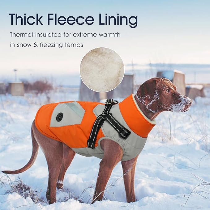IECOii Dog Coat for Large Dogs Waterproof Dog Winter Jacket with Harness Built in, Orange - XXLarge, Thermal Warm Fleece Lined, Reflective Dogs Jackets for Cold Weather Camping, Hiking, Pitbull
