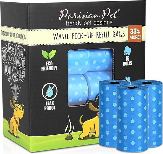 Parisian Pet Ecofriendly Dog Poop Bags Rolls - 320 Count Unscented Poop Bags For Dogs - Leakproof, Extra Thick, 16 Dog Waste Bags Refill Rolls - Polka Dot Blue Doggie Poop Bags - Fits All Dispenser
