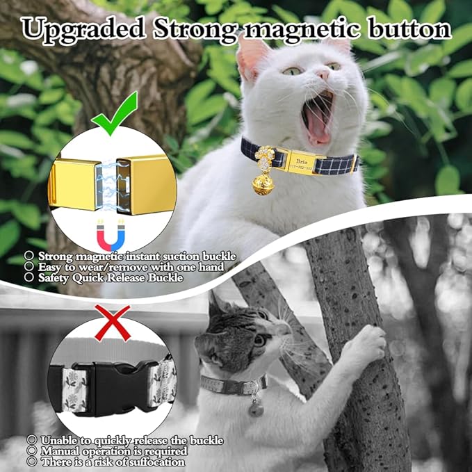 Personalized Breakaway Cat Collars - Magnetic Buckle, Bell - Safety Quick Release, Customized for Girls & Boys Cats- (Checkered-Navy)