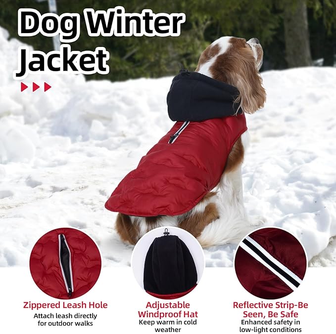 Nanaki Small Dog Puffer Jacket with Leash Hole, Warm Winter Coat Dog Puffer Coat Reflective, Lightweight Windproof Snowsuit for Hiking Walking Outdoor Activities, Halloween Christmas Easy on, Red