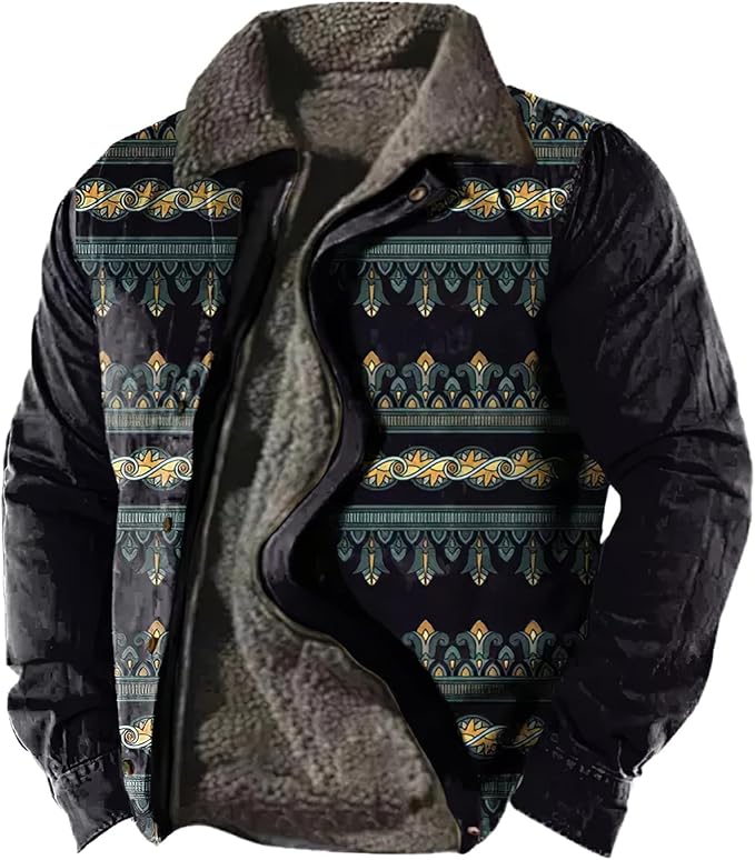 LOAIHA Men's Western Aztec Vintage Print Sherpa Fleece Lined Jackets Casual Zipper Winter Warm Jacket Coats