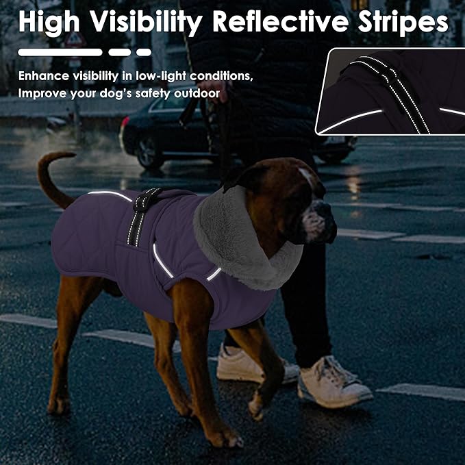 Dog Coat, Waterproof Dog Winter Jacket with Adjustable Buckle, Reflective Turtleneck Pet Snow Vest Warm Fleece Sweater for Small Medium Large Dogs - Purple, L