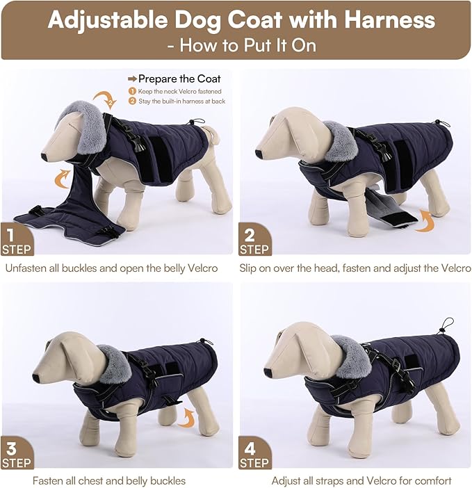 Queenmore XXXL Dog Coats for Extra Large Dogs Winter with Harness Built-in, Warm Waterproof Snow Jacket Large, Cold Weather Outdoor Puffer Coat - Fleece Lining Velcro Closure Reflective Easy On, Navy