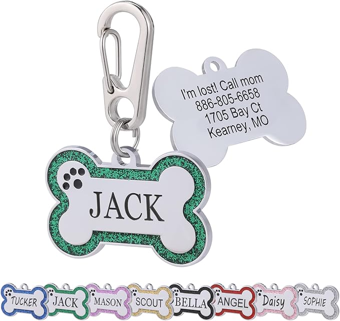 Personalized Stainless Steel Pet ID Tags with Glittery Bone Design - DEEP Engraved Dog Tags Engraved for Pets Customized with 5 Lines Dogs and Cats Pets