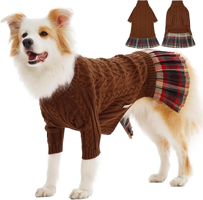 IECOii XL Dog Sweater Dress for Large Dogs Girl, Cable Knit Winter Dress for Female Dogs, Caramel,XLarge, Soft Girl Dog Sweater with Tartan Plaid Skirt Cute Turtleneck Knitwear for Cold Weather