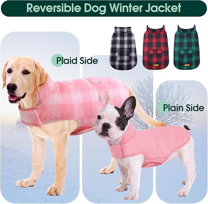 Kuoser Reversible Dog Jacket, Warm Winter Coat for Medium & Large Dogs, Warm Windproof Pet Cold Weather Clothes, Pink XL