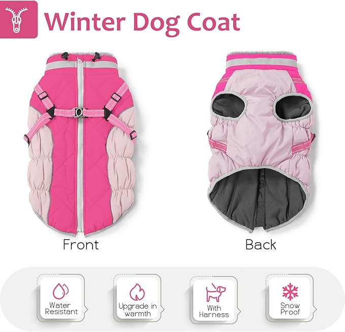 Dog Winter Coat with Harness, Dog Jacket, Pet Clothes with Zipper on Back, Waterproof Windproof Warm Vest, Reflective Cold Weather Coats, for Small Medium Large Dogs, Thick, Pink,XS