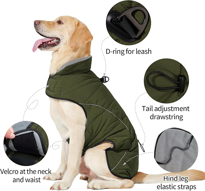 HEYWEAN Dog Winter Coat - Waterproof Windproof Reflective Vest for Medium & Large Breeds Adjustable Warm FleeceLined Jacket with Magic Tape & D-Ring for Leash Cold Weather Apparel (Green, X-Large)
