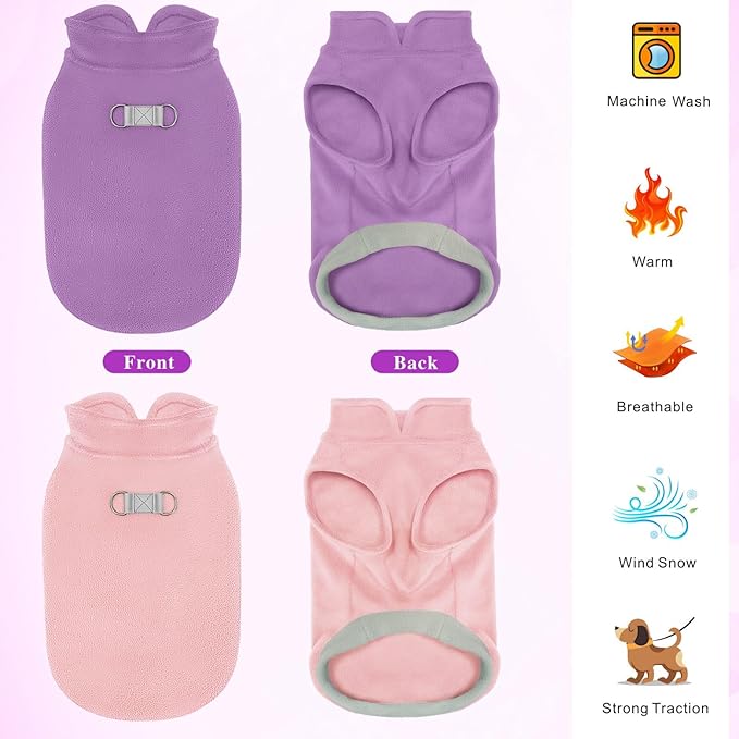 Idepet 2 Pack Dog Fleece Vest Sweater Warm Pullover Jacket with D-Ring Leash Reflective Winter Coat Hoodie for French Bulldog Pug Chihuahuas Yorkies Dachshunds(Purple&Pink,X-Large-French Bulldog)