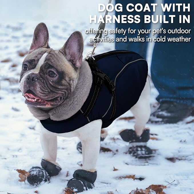 Queenmore Large Dog Coat,Dog Jacket for Extra Large Dogs with Harness Built in,Reflective Waterproof Dogs Jackets with Fleece Lining,Warm Snowsuit Pet Coats for Doberman,Labrador,NavyBlue,XXL