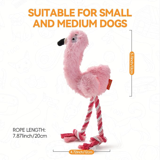 AUSCAT Plush Dog Rope Toy, Durable Squeaky Dog Toys for Puppy Small Medium Dogs (Not for Aggressive Chewers), Flamingo