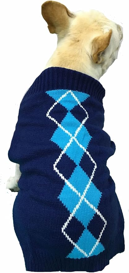 Alemon Blue Argyle Knit Dog Sweater Medium M Size Back Length 13 Inch