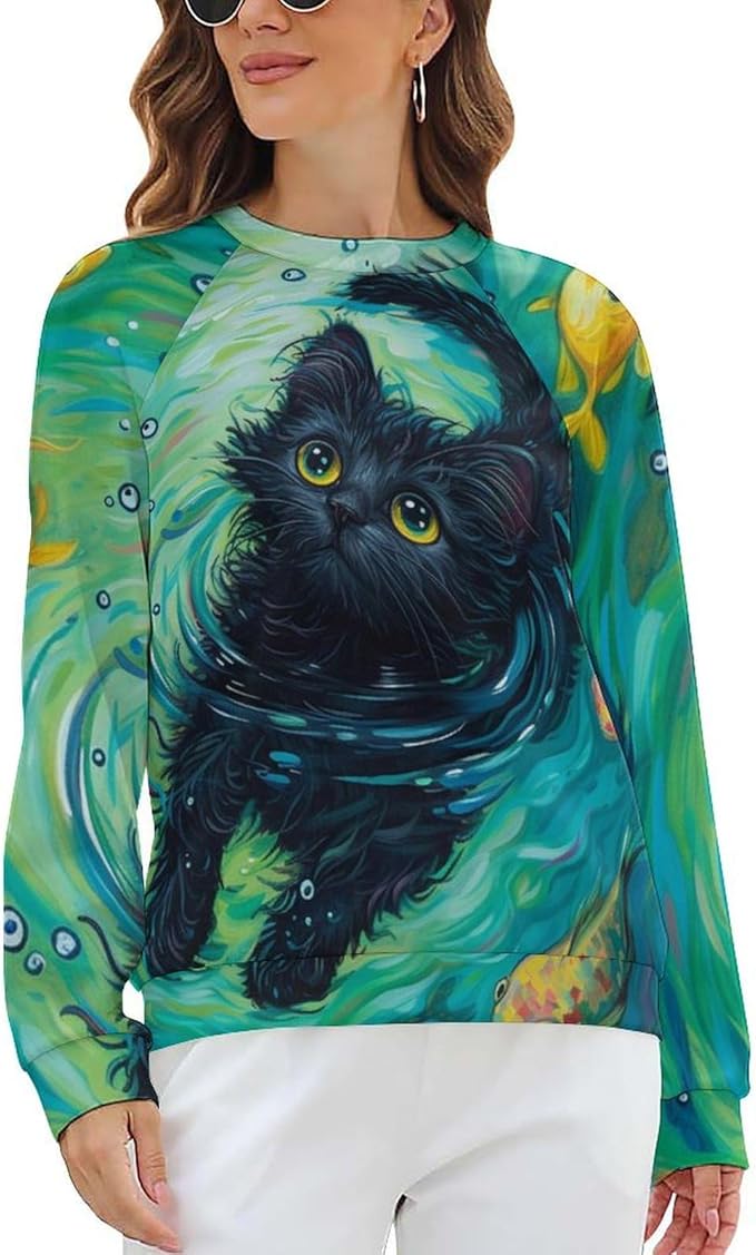 Long Sleeve Shirts for Women Cat Oil Painting Shirt 3D Graphic Sweatshirts Fall Pullover Crewneck Vintage Boho Tops