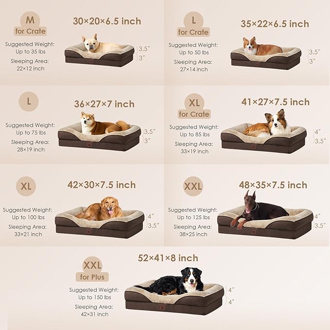 EHEYCIGA Memory Foam Dog Bed for Medium Size, Orthopedic Dog Sofa with Sides and Waterproof Liner, Washable Bolster Pet Bed Couch with Removable Cover, 30x20x6.5 Inch, Brown