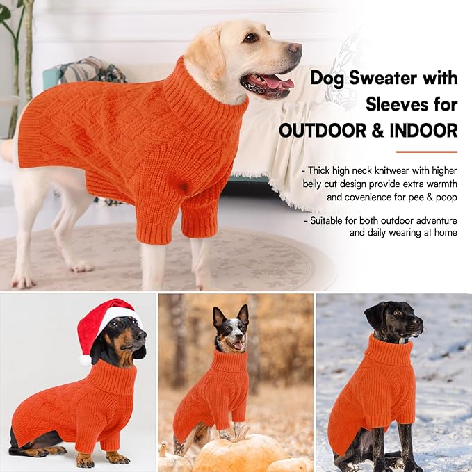 KOESON Extra Large Dog Sweater, Warm Soft XL Dog Sweater, Turtleneck Big Sweater for Large Dogs Girls and Boys, Cable Knitted Pet Knitwear with Sleeves for Fall, Winter and Spring, Orange, XLarge