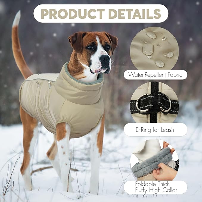 IDOMIK Warm Dog Coat with Harness, Waterproof Reflective Dog Jackets for Small Medium Large Dogs, Fleece High Collar Winter Jacket with Zipper, Pet Winter Snowsuit Clothes for Cold Weather,Khaki M