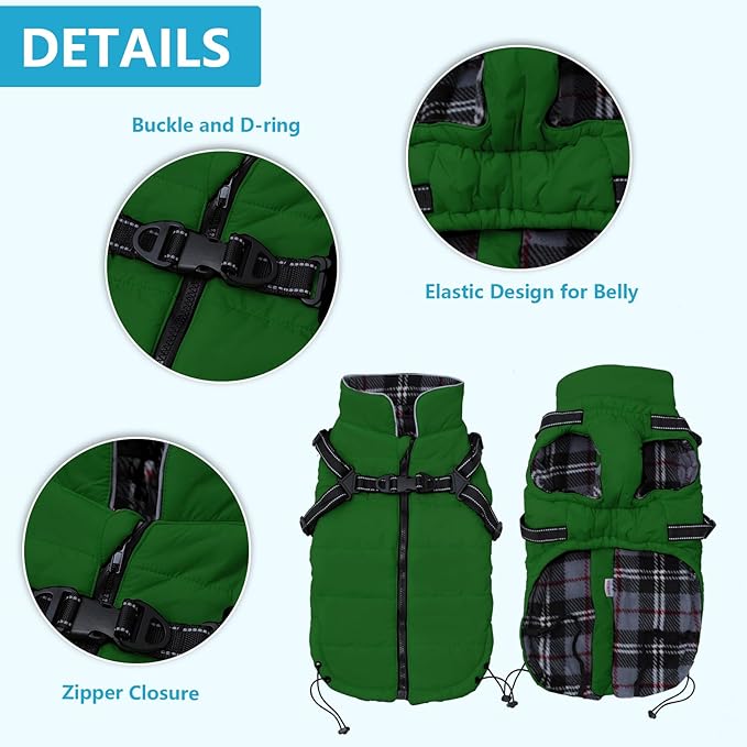 Geyecete Winter Warm Coat Waterproof Dog Winter Jacket with Harness Traction Belt,Pet Outdoor Jacket Dog Autumn and Winter Clothes for Medium, Small Dog-Green-S