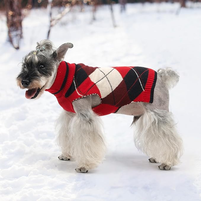 KOOLTAIL Dog Sweater Pet Knitted Clothes-Classic Plaid Pullover Turtleneck Red Fleece Dog Christmas Sweaters with Leash Hole, Thick Warm Dog Winter Clothes for Small Medium Large Dogs Cats Puppy, L