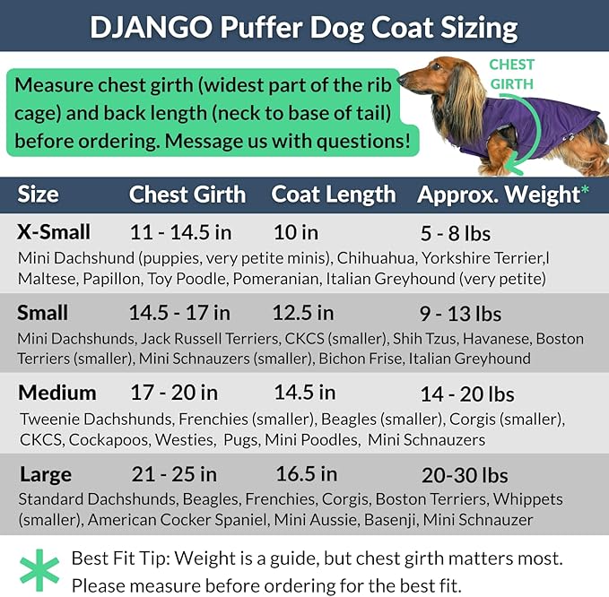 DJANGO Reversible Puffer Dog Coat – Warm Winter Dog Jacket & Water-Repellent Insulated Dog Coat w/Harness Hole, Windproof, Adjustable Fit for Small & Medium Dogs, Dachshunds – Violet Purple, Large