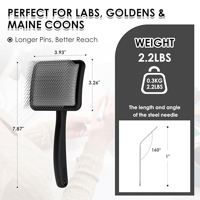 Large Dog Slicker Brush & Comb Set with Leather Sleeves - Long Pin Deshedding Brush for Golden Retrievers, Poodles, Doodles & Thick Coats, Wood Handle Pet Grooming Kit for Dogs, Cats. Black