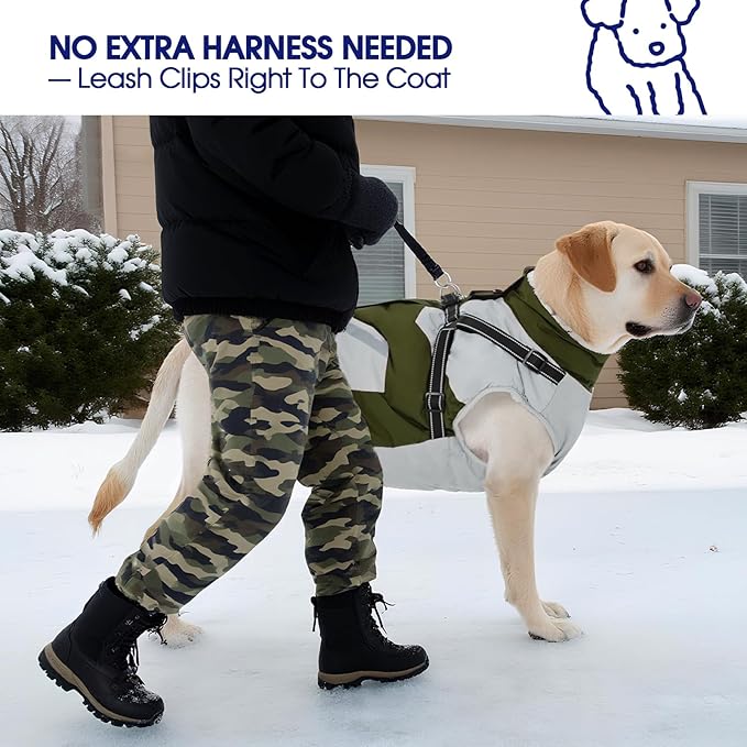 FUAMEY Dog Winter Jackets for Large Dogs,Dog Coat with Harness Built in,Waterproof Dogs Snowsuits Warm Pet Jacket Zip Up Fleece Cold Weather Coats Reflective Puppy Vest with Pocket Green L