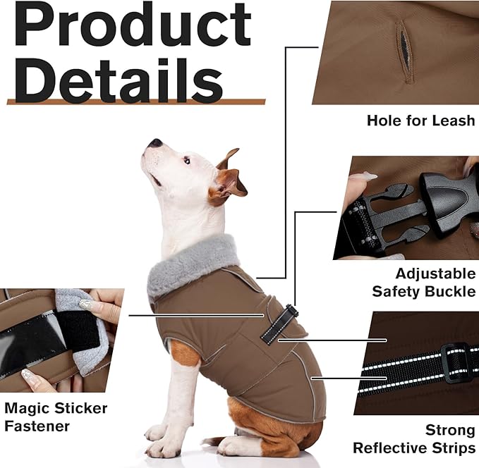 Lelepet Warm Dog Coats for Large Dogs Waterproof Dog Jacket Reflective Pet Fleece Vest Windproof Cold Weather Coats with Adjustable Buckle & Leash Hole, Brown, XXXL