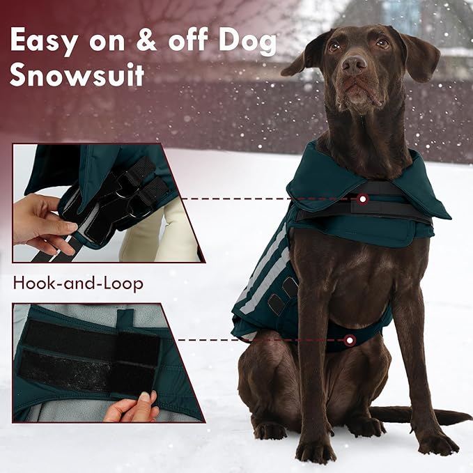 Dog Winter Coat Waterproof Dog Jacket with Harness Hole Reflective Windproof Fleece Snowsuit Turtleneck Hook & Loop Cold Weather Coats for Large Dogs Great Dane Doberman, Green 4XL