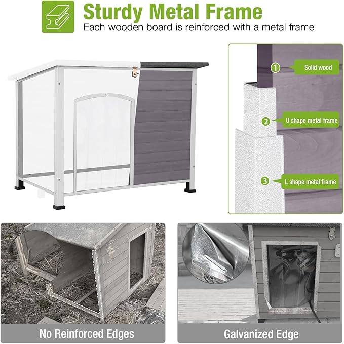 GUTINNEEN Heated Dog House Outdoor 43.3" L Insulated Dog Kennel with Metal Frame Large Dog Crate for Medium to Large Dogs Outside with Heater and Insulated Liner for Winter, Grey