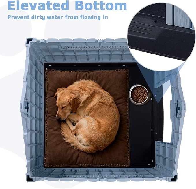 PUKAMI Large Dog House Outdoor Indoor, Plastic Dog House Weatherproof for Large Dogs, Study Puppy Shelter with Air Vents and Elevated Floor, Easy Clean and Assemble (Blue, 36.81"D x 38.7"W x 39.1"H)