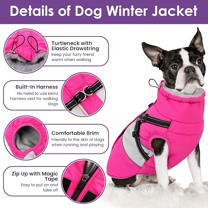 SUNFURA Dog Coat, XXL Dog Jacket Winter with Harness Built in, Waterproof Pet Snow Jacket with Furry Collar for Chilly Day, Reflective Fleece Snowsuit for Extra Large Dogs, Hot Pink 2XL