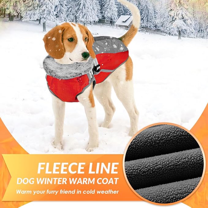 SlowTon Dog Jacket with Harness Built in - Waterproof Fleece Winter Warm Dog Coats for Small Medium Dogs, Reflective Adjustable Furry Puppy Vest Clothes for Outdoor Walking (Red & Black,M)