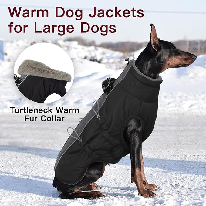 Dog Winter Jacket - 3X Large, Warm Zip Up Snowsuit Dog Harness Vest, Reflective, Water-Resistant, Black