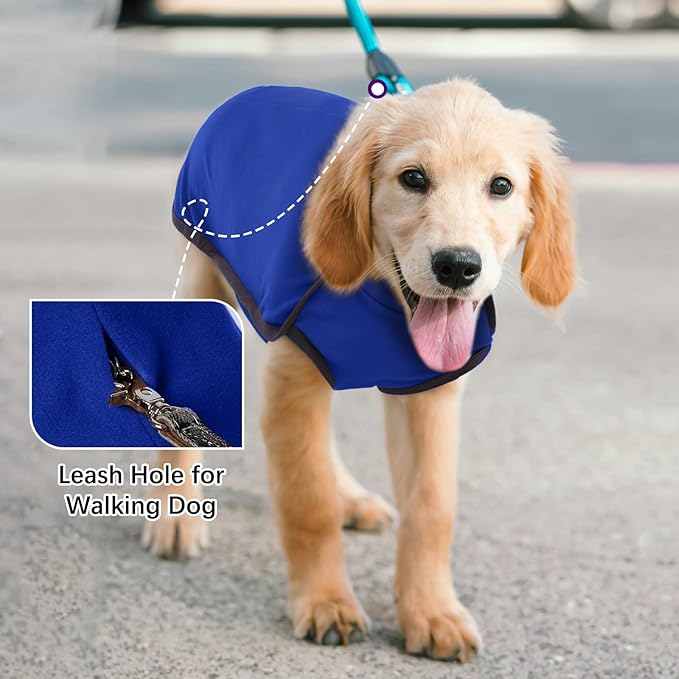 ROZKITCH Dog Sweater with Leash Hole, Warm Winter Coat Soft Pullover Pajamas Windproof Cold Weather Jacket Vest Cozy Jumpsuit Apparel Outfit Clothes for Walking Hiking Travel Sleep Blue 3XL