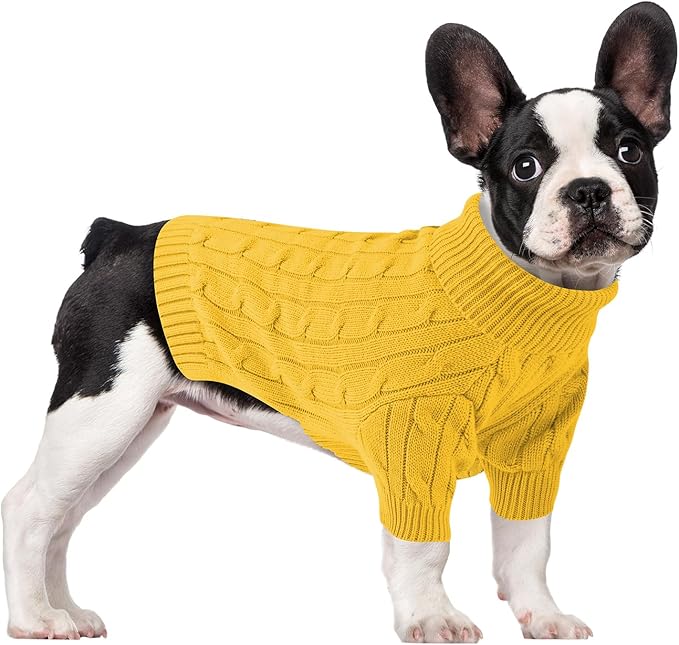 Small Dog Thermal Pullover Sweater, Classic Turtleneck Cable Knitwear Dog Clothes for Cold Weather Warm Pet Clothes for Chihuahua, Bulldog, Dachshund, Pug Yellow Small