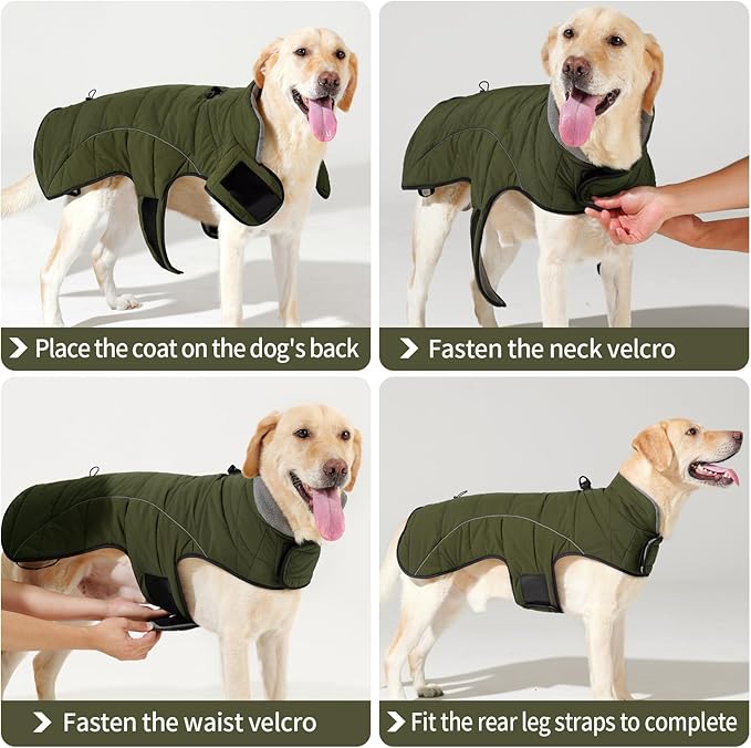 HEYWEAN Dog Winter Coat - Waterproof Windproof Reflective Vest for Medium & Large Breeds Adjustable Warm FleeceLined Jacket with Magic Tape & D-Ring for Leash Cold Weather Apparel (Green, Small)