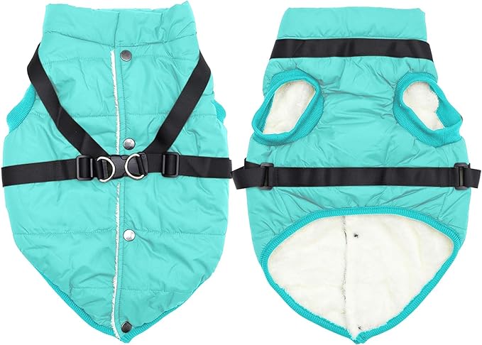 Dog Jacket with Harness,Fleece Lined Warm Puppy Coat for Winter,Soft Windproof Large Dog Vest,Bluegreen XXXL