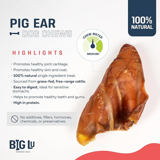 Big Lu – Pig Ear Dog Chews, 6 Count, All-Natural Single-Ingredient Pork Treats, Easily Digestible, Supports Joint Health with Glucosamine and Chondroitin