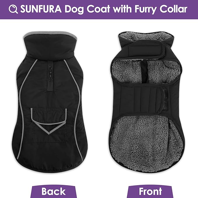 SUNFURA Small Dog Coat, Warm Dog Jacket with Zippered Leash Hole, Reflective Pet Winter Coat Fleece Jacket with Adjustable Furry Collar for Small Dogs Schnauzer, Yorkshire Terrier, Black S