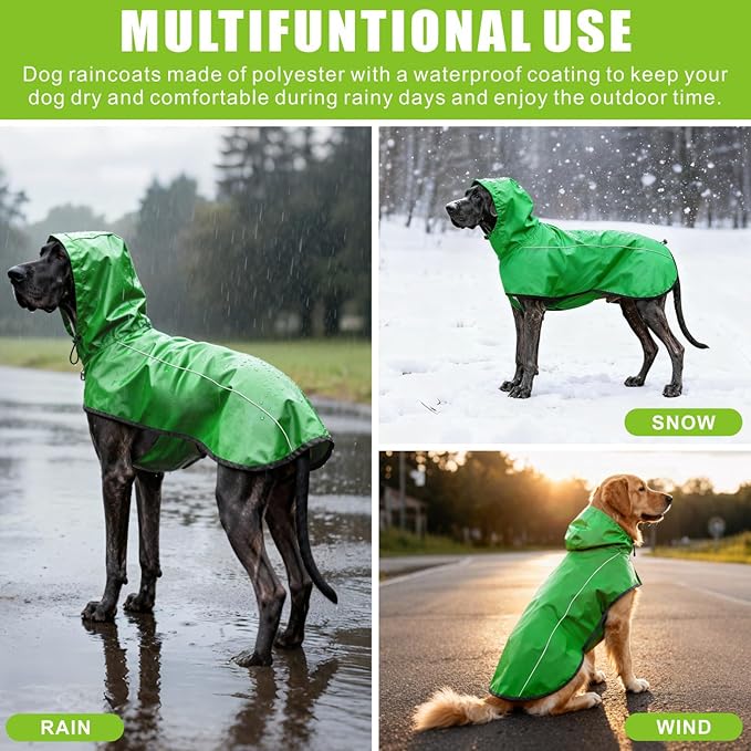 Mosucoirl Dog Raincoat Jacket Reflective Adjustable Hooded Pet Poncho Rain Coats with Leash Hole Waterproof Clothes for Small Medium Large Dogs (Green, L)