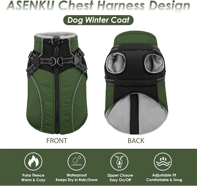 ASENKU Reflective Dog Coat with Built-in Harness, Windproof Fleece-Lined Dog Jacket for Small, Medium, Large Dogs, Warm Winter Vest with Turtleneck & Zipper (Green 3XL)