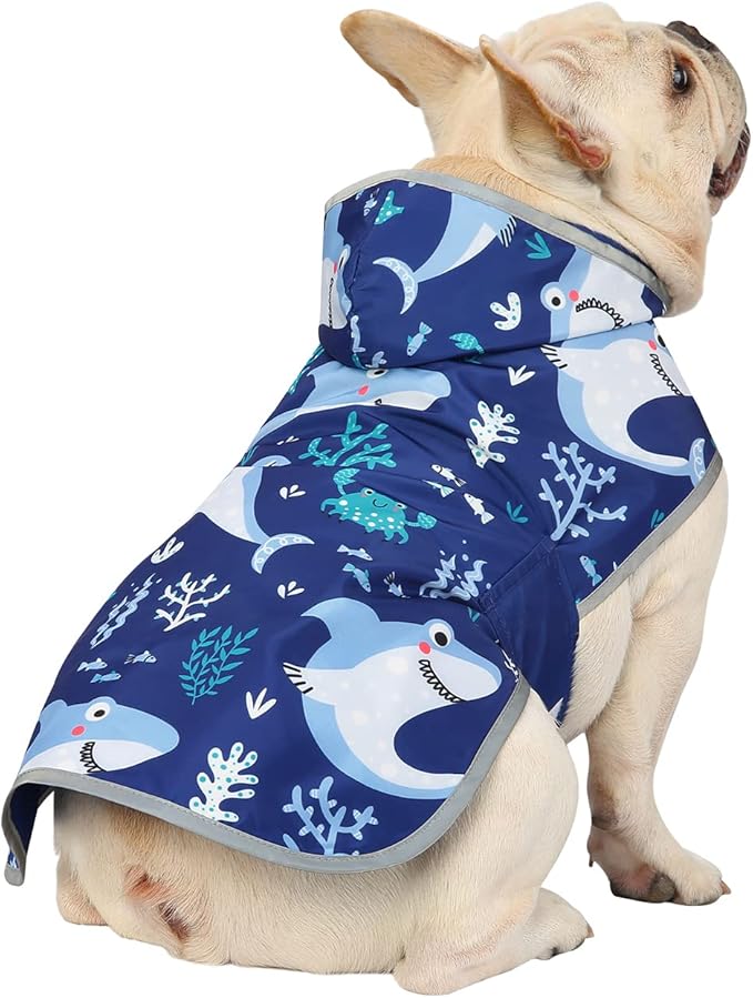 HDE Reversible Dog Raincoat Hooded Slicker Poncho Rain Coat Jacket for Small Medium Large Dogs Sharks - M