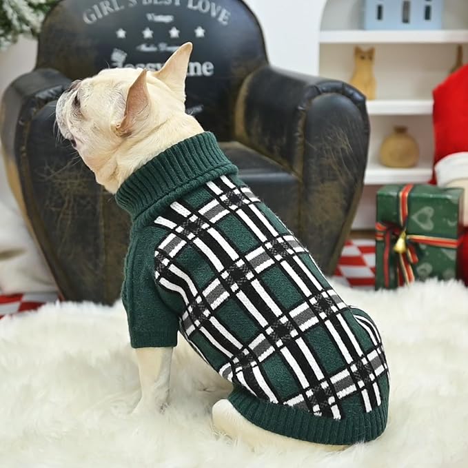 SCENEREAL Turtleneck Dog Sweater for Small Medium Large Dogs Girls Boys, Christmas Plaid Pullover Puppy Sweatershirt, Dogs Cold Weather Outfit Clothes, Ideal Gift for Pet in New Year, Green Plaid XS