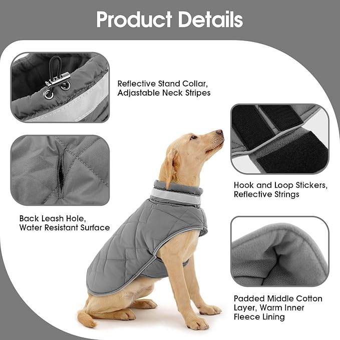 Dog Winter Coat Warm Padded Puppy Jacket Windproof Water Resistant Clothes for Small Medium Large Pets Christmas Sweater Outfit Vest(Grey, XL)