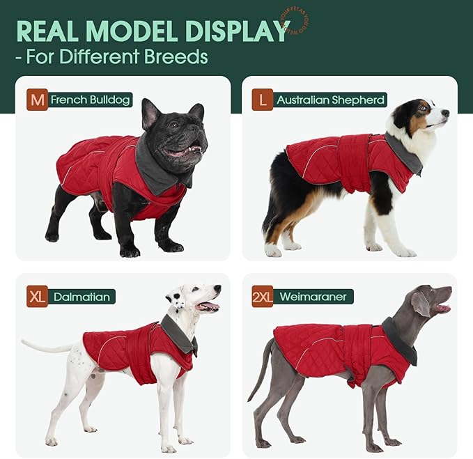 Kuoser Super-Warm Dog Coat Windproof Cold Weather Coats for Extra Large Dogs, Fleece Lining Turtleneck Dog Jacket Reflective Adjustable Pet Winter Snowsuit, Red 3XL