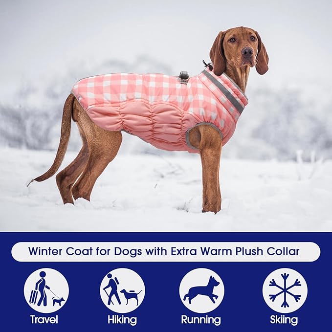FUAMEY Dog Coat for Large Dogs,Waterproof Dog Winter Jacket with Harness Built in Puppy Cold Weather Coats Reflective Pet Vest with Zipper Warm Fleece Dogs Snowsuit Windproof Pink Plaid 3XL