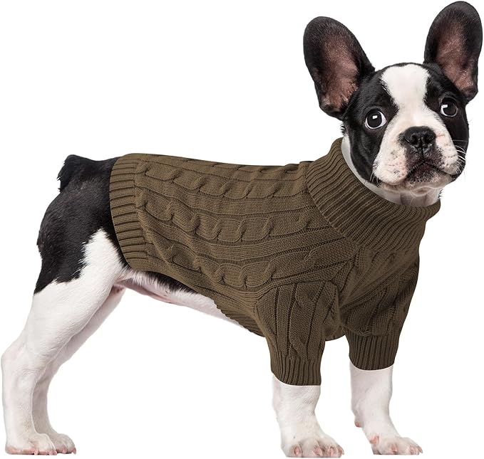 Small Dog Thermal Pullover Sweater, Classic Turtleneck Cable Knitwear Dog Clothes for Cold Weather Warm Pet Clothes for Chihuahua, Bulldog, Dachshund, Pug Tan X-Large