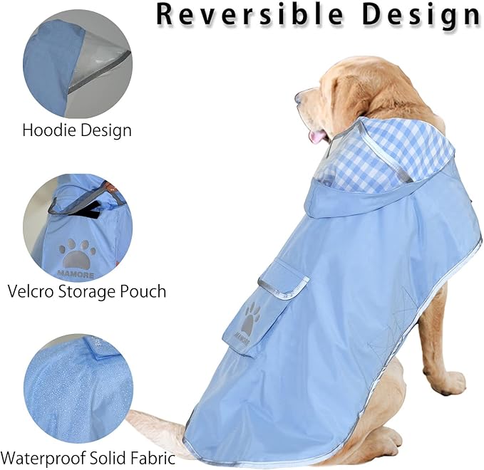 MAMORE Dog Raincoat Reversible,Waterproof Dog Rain Coat Hooded Slicker Poncho with Reflective Strip, Plaid Double Layer Rain Jacket for Small Medium Large Dogs (Light Blue, Large)