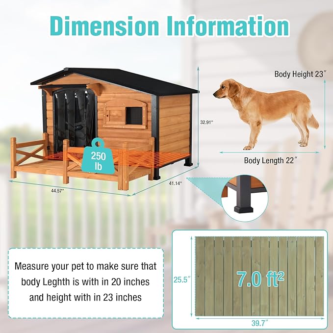 Heated Dog House for Outdoor Use with Matel Frame, Waterproof Design & Heating Blanket - All-Weather Wooden Kennel with Sliding Window & Metal Frame (Wood-H, L)